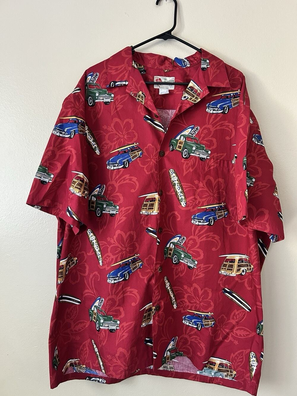 Hilo Hattie Shirt Mens Size 2XL Red Cotton Surf Woody Car Print Hawaii Aloha Vtg